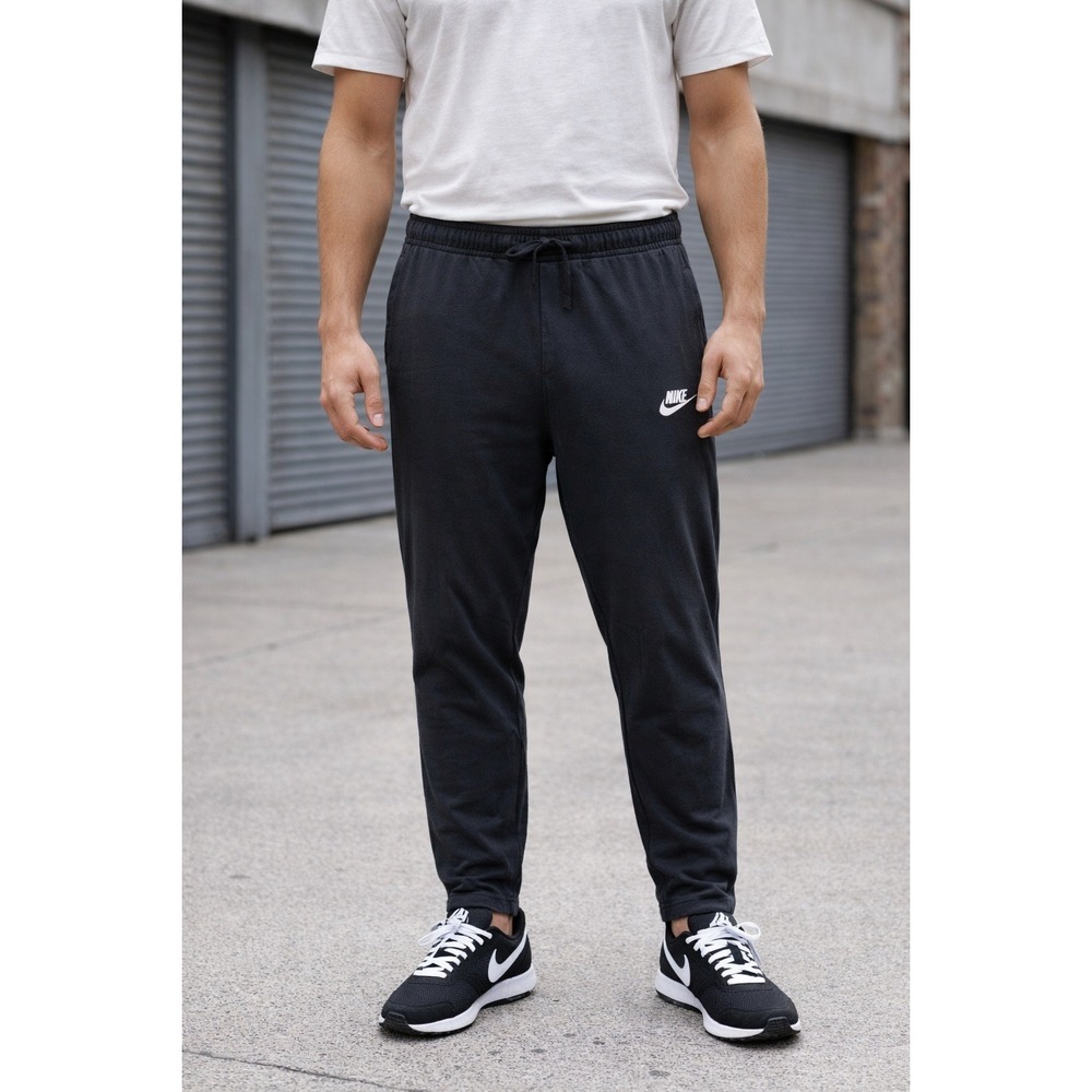Nike Trouser Pants Men's Size M Black Swoosh Jogging Pull On Cotton Athletic Gym
